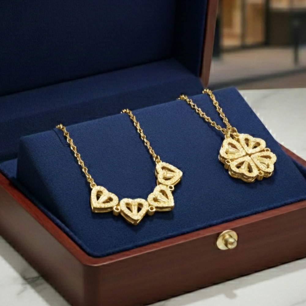 2 In 1 Gold Heart and Clover Pendant Necklace